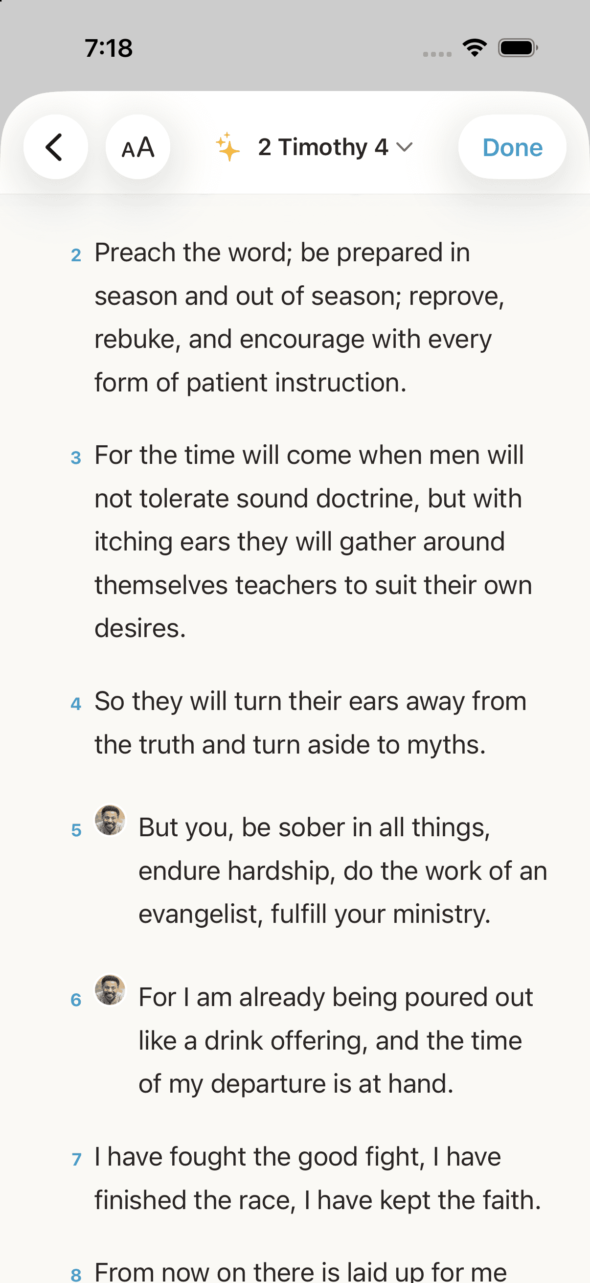 The Bible reader: 2 Timothy 4, with a pastor marked on the verses he preached